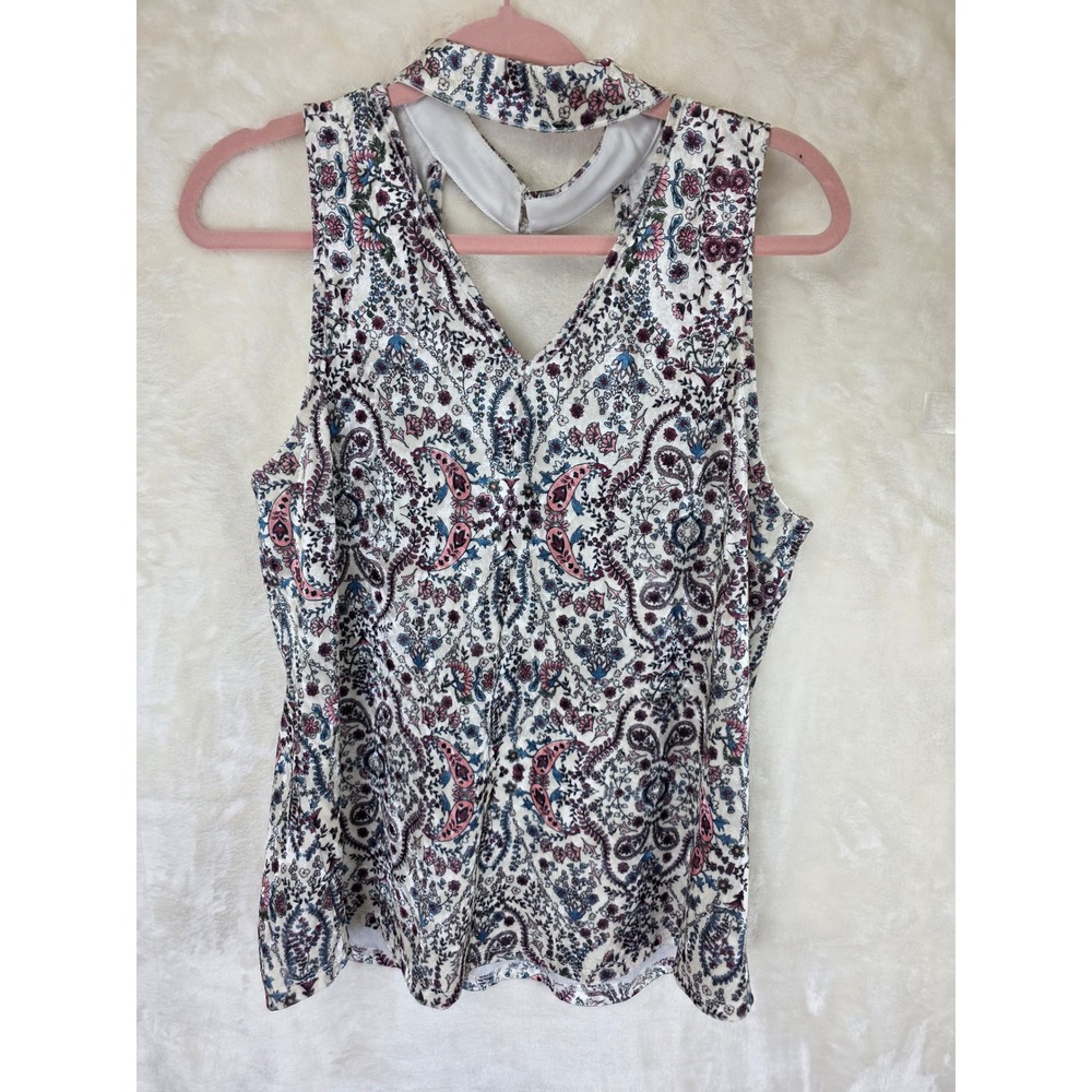 By & By Womens XL Velvet Paisley Choker Neck Sleeveless Top Pink Blue‎ Cream
